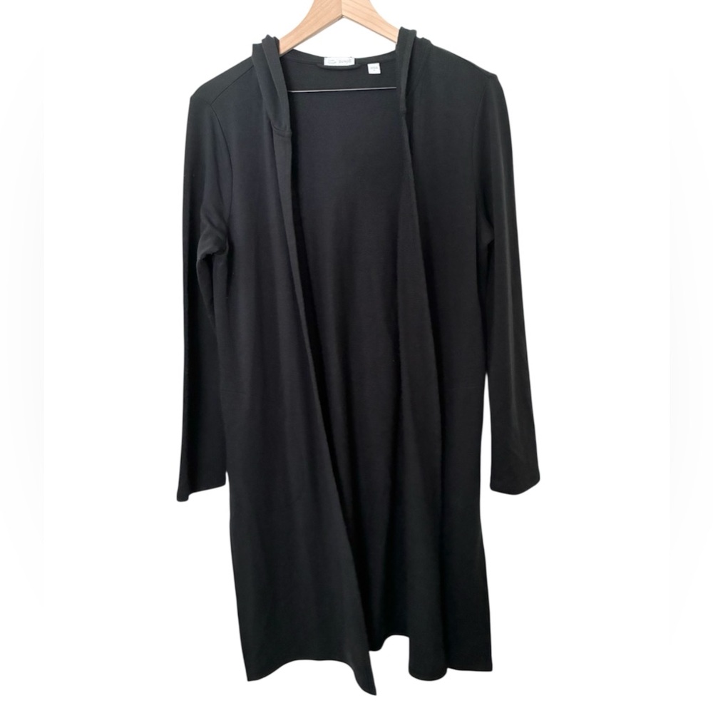 PureJill Luxe Tencel Black Long Sleeve Open Front Long Cardigan with Hoodie